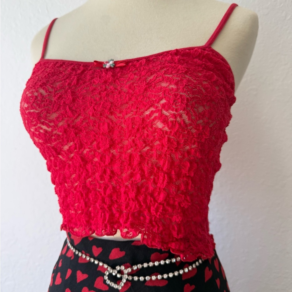 Vintage Fredrick’s Of Hollywood Red Lace Crop Top with Floral Detail